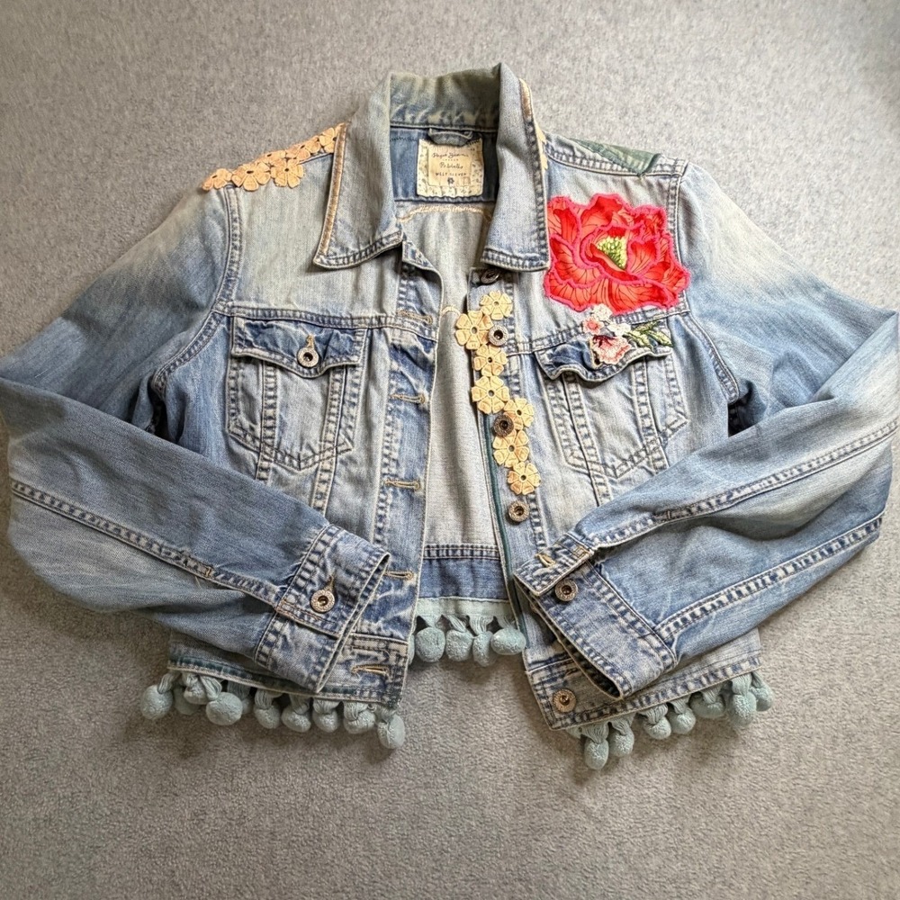 Pepe Jeans London Denim Jacket Floral Embroidery Pom Pom‎ Light Wash Small